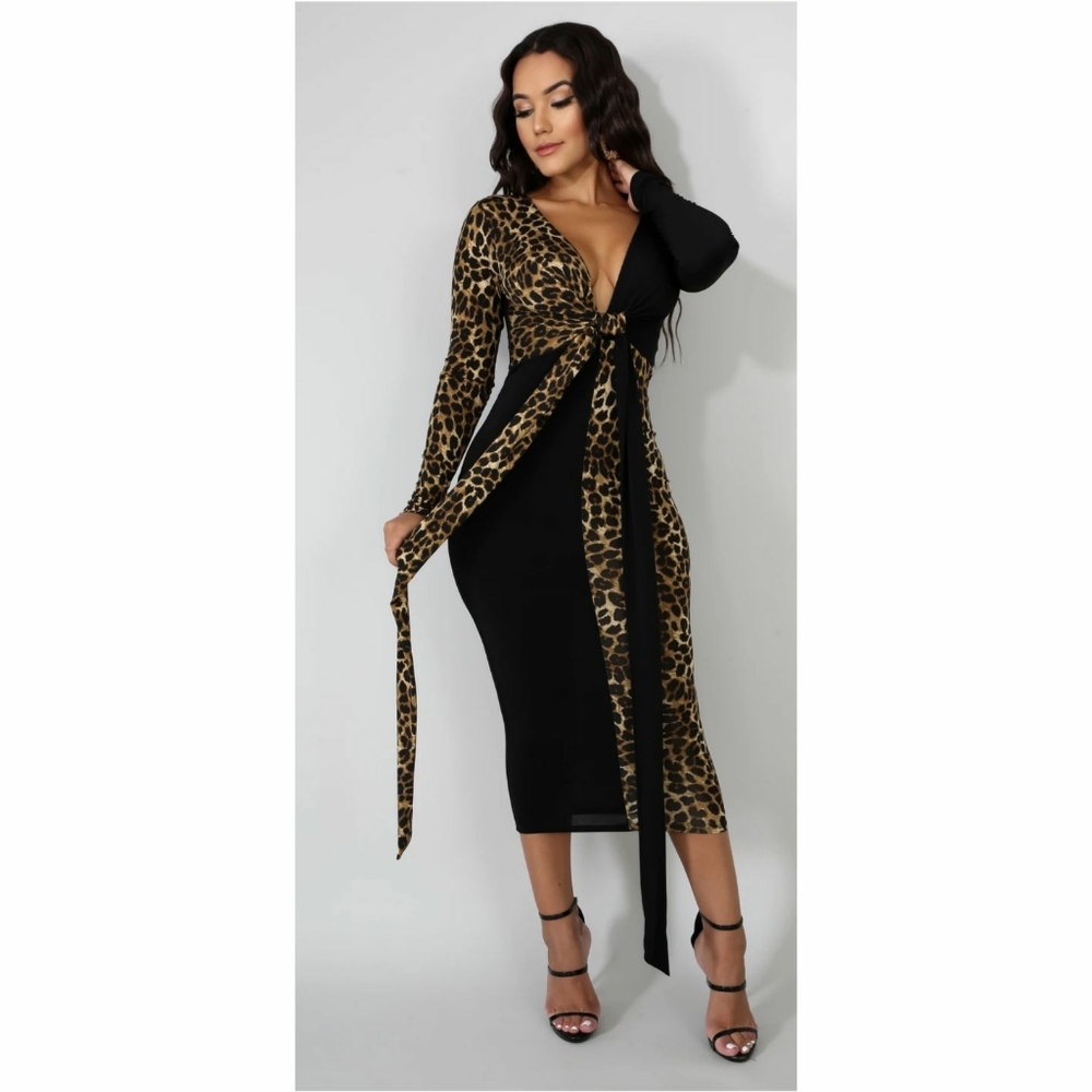 Black & Leopard Print Midi Dress